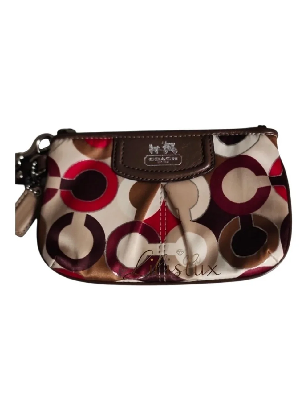 Coach Brown and Red OP Art Signature Satin And Leather Wristlet Vintage Y2K